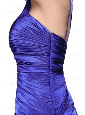 One Shoulder Beading and Ruche Column Prom Dress in Blue