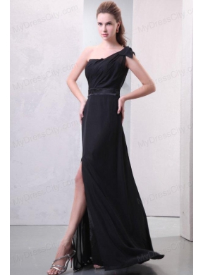 One Shoulder Black Ruche and Silt Chiffon Prom Dress in Full Length