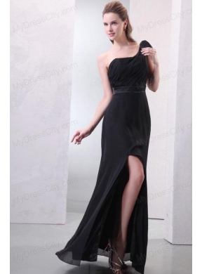 One Shoulder Black Ruche and Silt Chiffon Prom Dress in Full Length