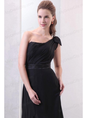 One Shoulder Black Ruche and Silt Chiffon Prom Dress in Full Length