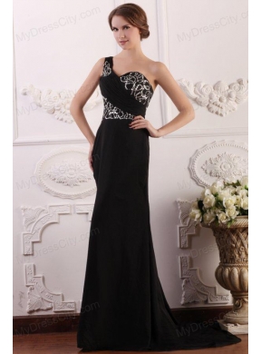 One Shoulder Column Chiffon Black Sweep Train Beading Prom Dress