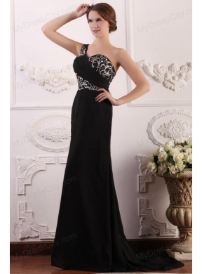 One Shoulder Column Chiffon Black Sweep Train Beading Prom Dress