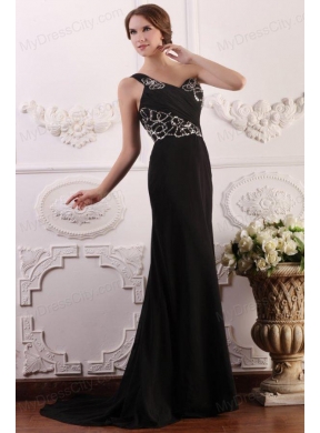 One Shoulder Column Chiffon Black Sweep Train Beading Prom Dress