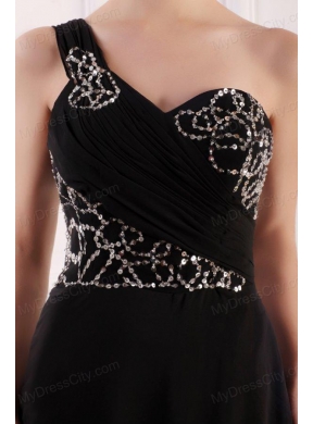 One Shoulder Column Chiffon Black Sweep Train Beading Prom Dress