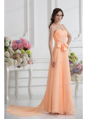 One Shoulder Empire Prom Dress with Watteau Train with Orange