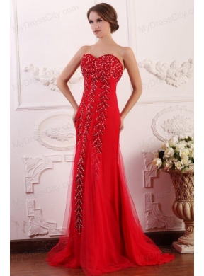 Red Column Sweetheart Brush Train Prom Dress with Beading