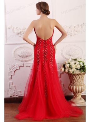 Red Column Sweetheart Brush Train Prom Dress with Beading