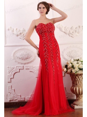 Red Column Sweetheart Brush Train Prom Dress with Beading