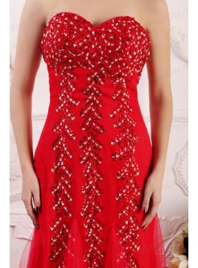 Red Column Sweetheart Brush Train Prom Dress with Beading