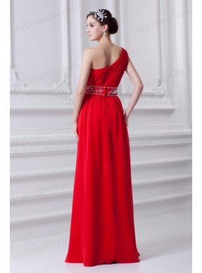 Red Empire One Shoulder Chiffon Prom Dress with Beading and Ruching
