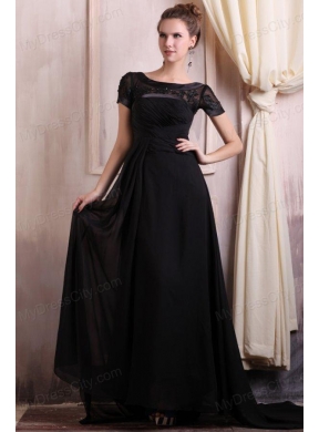 Scoop Empire Chiffon Brush Train Black Prom Dress with Appliques