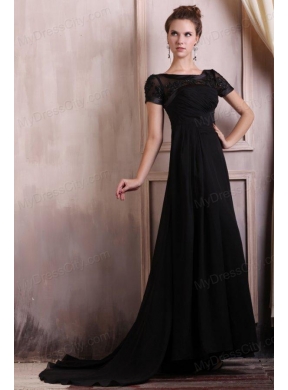 Scoop Empire Chiffon Brush Train Black Prom Dress with Appliques