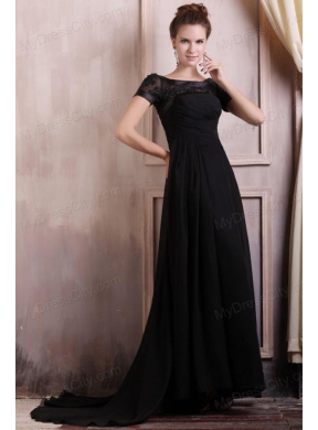 Scoop Empire Chiffon Brush Train Black Prom Dress with Appliques