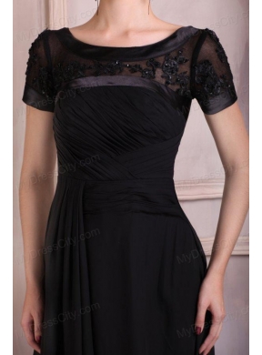 Scoop Empire Chiffon Brush Train Black Prom Dress with Appliques