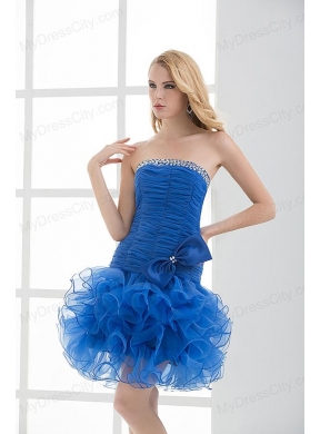 Short Strapless Beading and Ruching Ruffles Organza Prom Dress