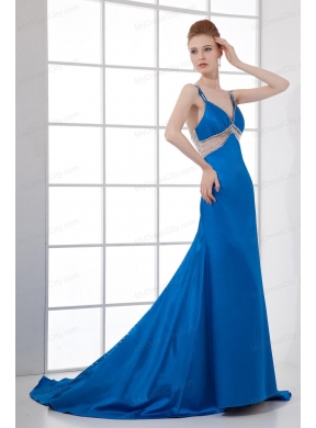 Spaghetti Straps Empire Blue Chiffon Beading Brush Train Prom Dress