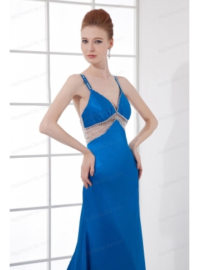 Spaghetti Straps Empire Blue Chiffon Beading Brush Train Prom Dress