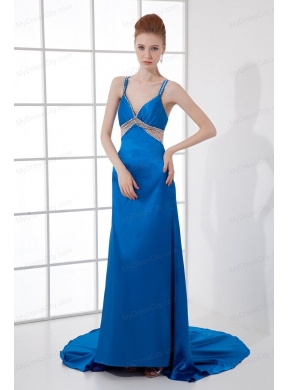 Spaghetti Straps Empire Blue Chiffon Beading Brush Train Prom Dress