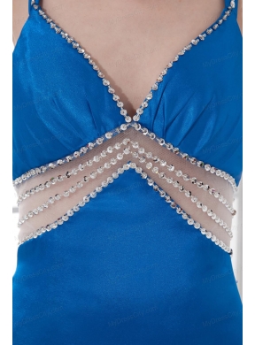 Spaghetti Straps Empire Blue Chiffon Beading Brush Train Prom Dress