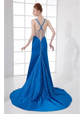 Spaghetti Straps Empire Blue Chiffon Beading Brush Train Prom Dress