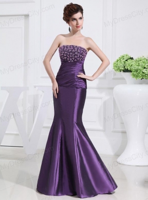 Strapless Floor-length Beading Taffeta Eggplant Purple Prom Dress