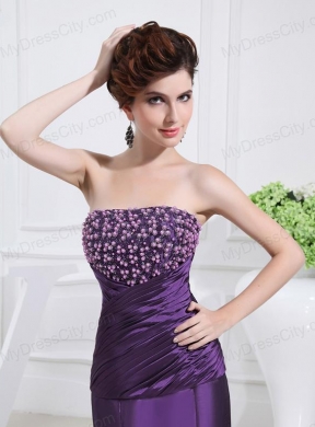 Strapless Floor-length Beading Taffeta Eggplant Purple Prom Dress