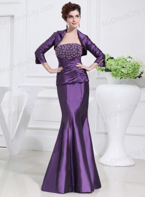 Strapless Floor-length Beading Taffeta Eggplant Purple Prom Dress