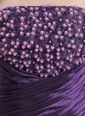 Strapless Floor-length Beading Taffeta Eggplant Purple Prom Dress