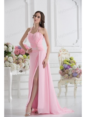 Straps Baby Pink High Slit and Ruching Empire Prom Dress with High Slit