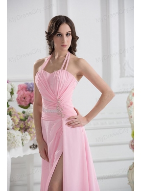 Straps Baby Pink High Slit and Ruching Empire Prom Dress with High Slit