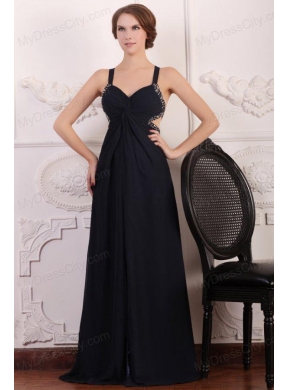 Straps Empire Chiffon Beading Sweep Train Prom Dress in Black