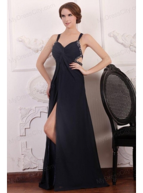 Straps Empire Chiffon Beading Sweep Train Prom Dress in Black