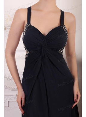 Straps Empire Chiffon Beading Sweep Train Prom Dress in Black