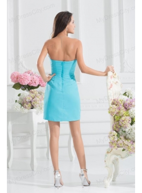 Sweetheart Mini-length Beading Chiffon Aqua Blue Ruching Prom Dress