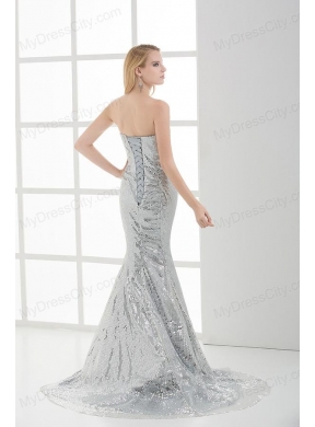 Sweetheart Sleeveless Silver Mermaid Brush Train Prom Dress with Sequins