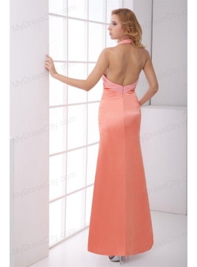 Taffeta Column Halter Backless Floor-length Ruching Watermelon Prom Dress