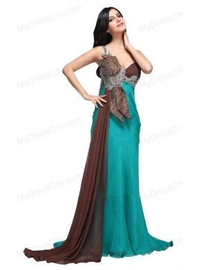 Teal Blue Spaghetti Straps Beading and Ruching Watteau Train Prom Dress