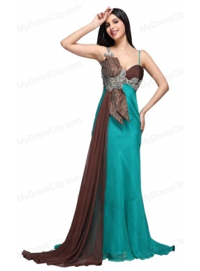 Teal Blue Spaghetti Straps Beading and Ruching Watteau Train Prom Dress