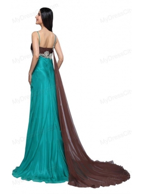 Teal Blue Spaghetti Straps Beading and Ruching Watteau Train Prom Dress