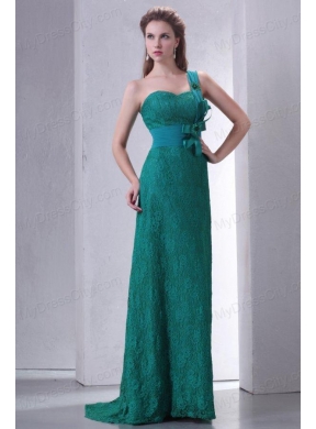 Turquoise Empire One Shoulder Lace Prom Dress with Flowers