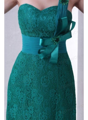 Turquoise Empire One Shoulder Lace Prom Dress with Flowers