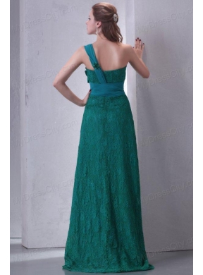 Turquoise Empire One Shoulder Lace Prom Dress with Flowers