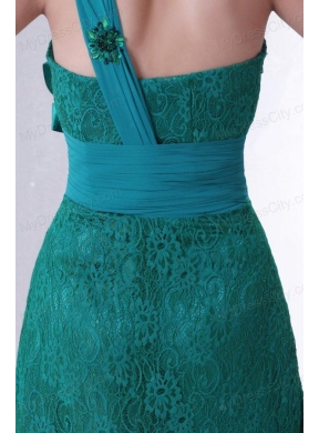 Turquoise Empire One Shoulder Lace Prom Dress with Flowers