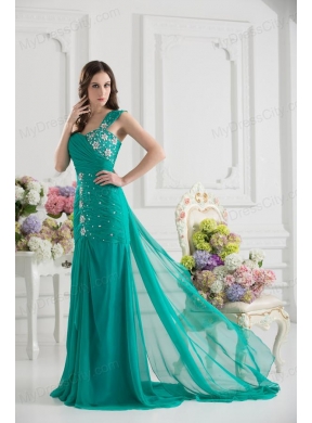 Turquoise One Shoulder Beading and Ruching Prom Dress with Brush Train