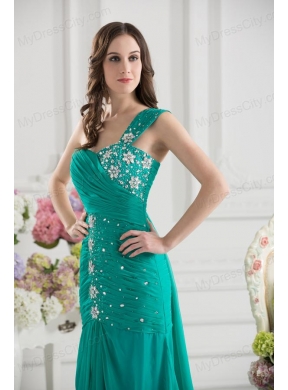 Turquoise One Shoulder Beading and Ruching Prom Dress with Brush Train