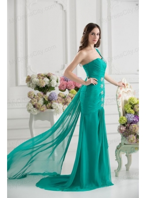 Turquoise One Shoulder Beading and Ruching Prom Dress with Brush Train