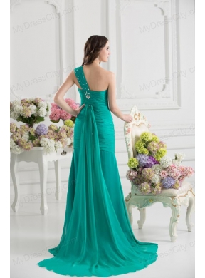 Turquoise One Shoulder Beading and Ruching Prom Dress with Brush Train