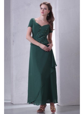 V-neck Chiffon Beading Ankle-length Prom Dress with Short Sleeves