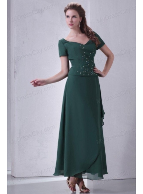 V-neck Chiffon Beading Ankle-length Prom Dress with Short Sleeves