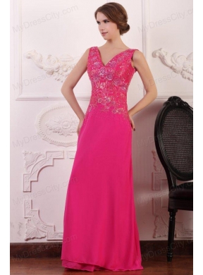 V-neck Empire Chiffon Appliques with Beading Prom Dress in Hot Pink